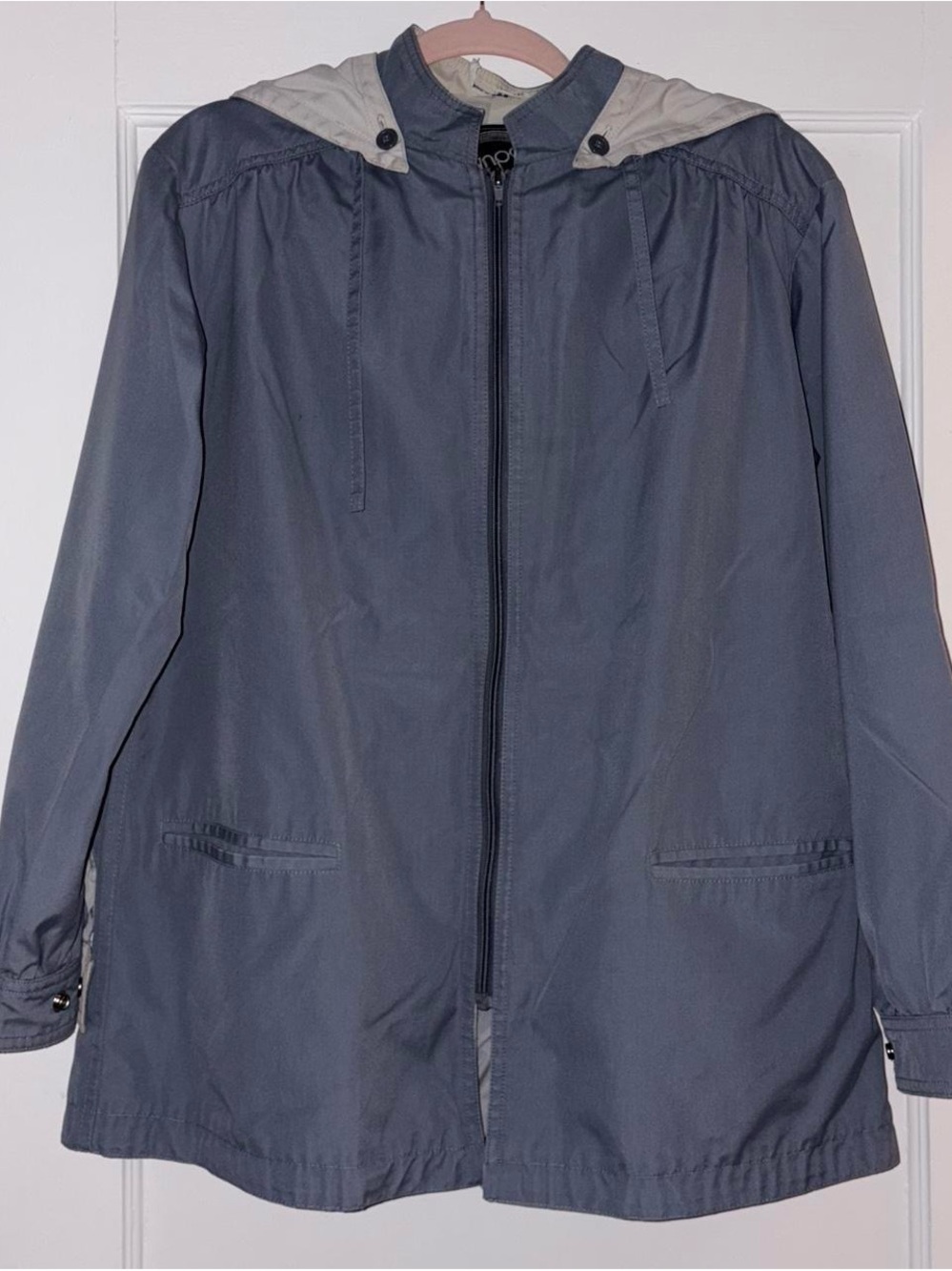 Vintage 80s 90s Y2K Rain Jacket – Dusty Blue Gray – Unisex L/XL – Removable Hood